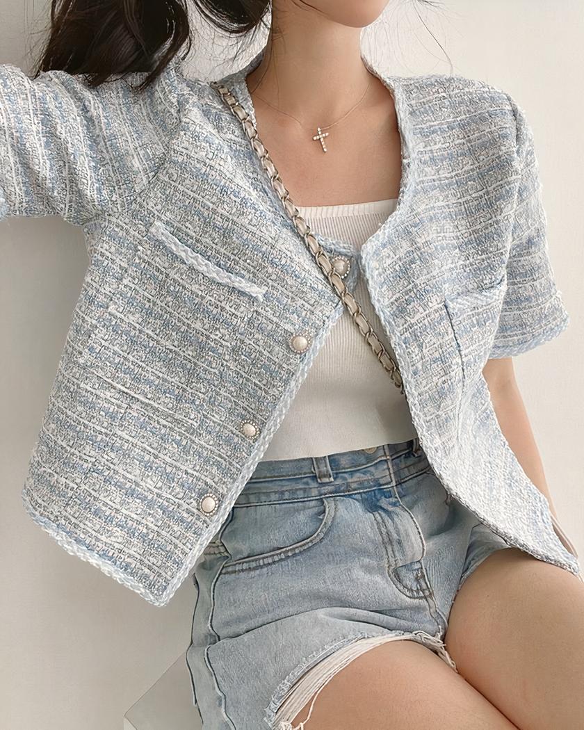 Blouson en tweed à manches courtes pour femme pour l’été