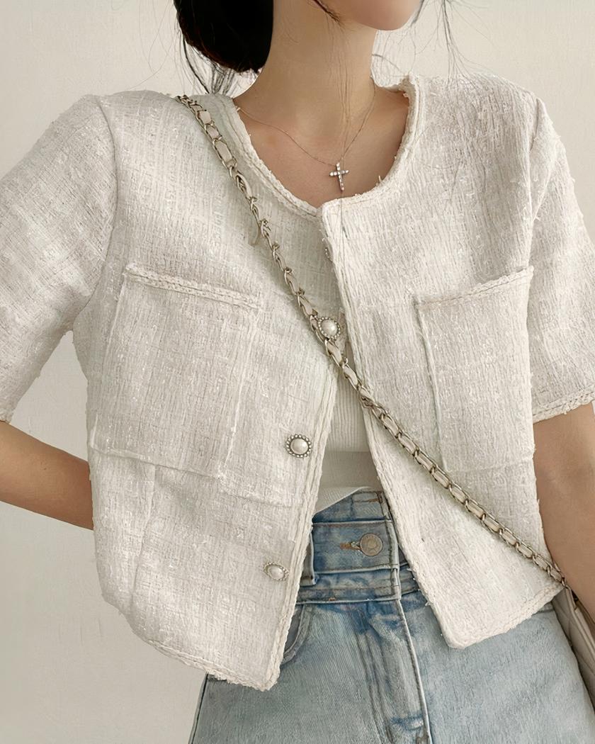 Blouson en tweed à manches courtes pour femme pour l’été – Image 3