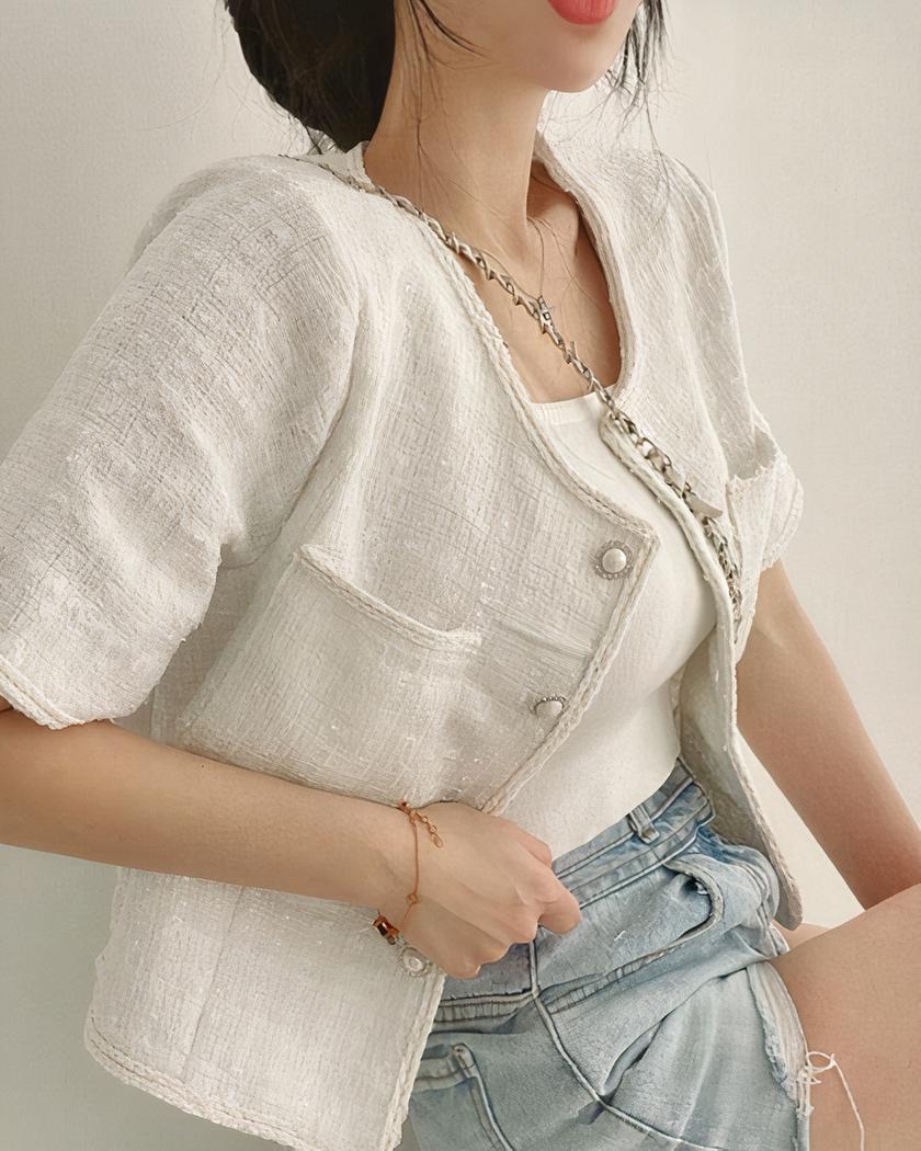 Blouson en tweed à manches courtes pour femme pour l’été – Image 6