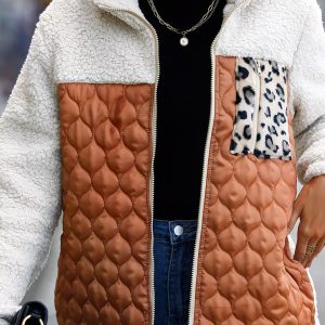 Blouson polaire bimatière avec imprimé léopard pour femme