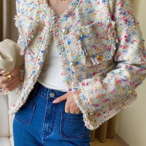 Blouson col rond en tweed coloré pour femme