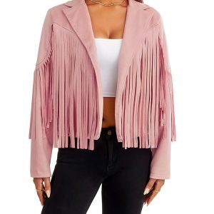 Blouson rose court à franges en coton pour femme