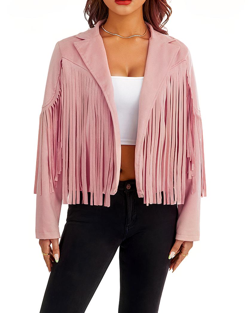 Blouson rose court à franges en coton pour femme