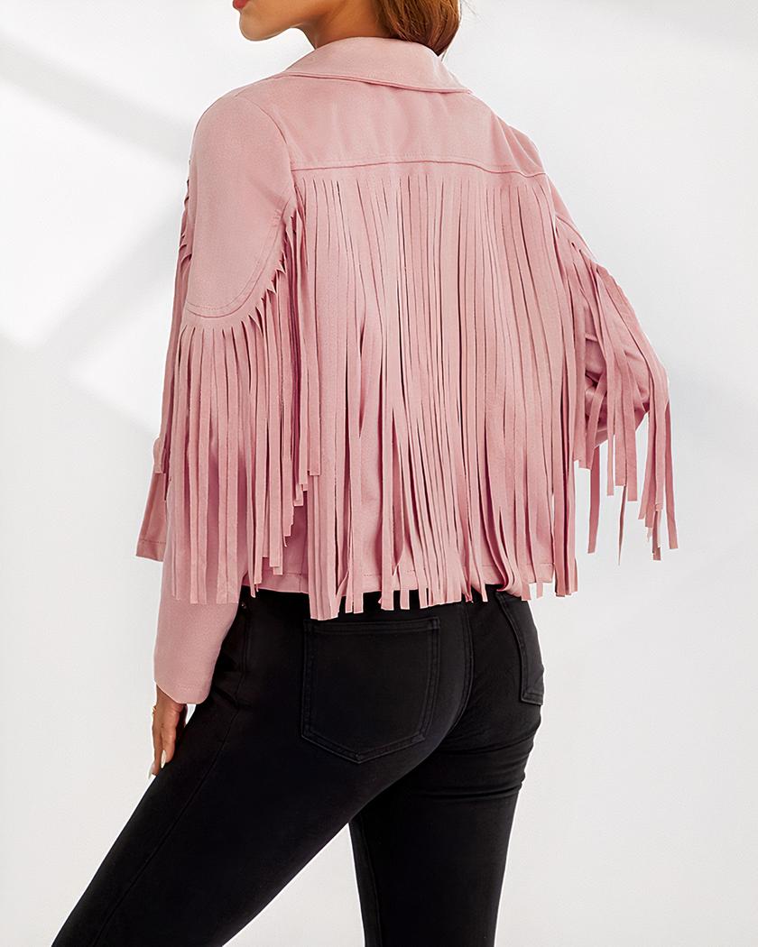 Blouson rose court à franges en coton pour femme – Image 3