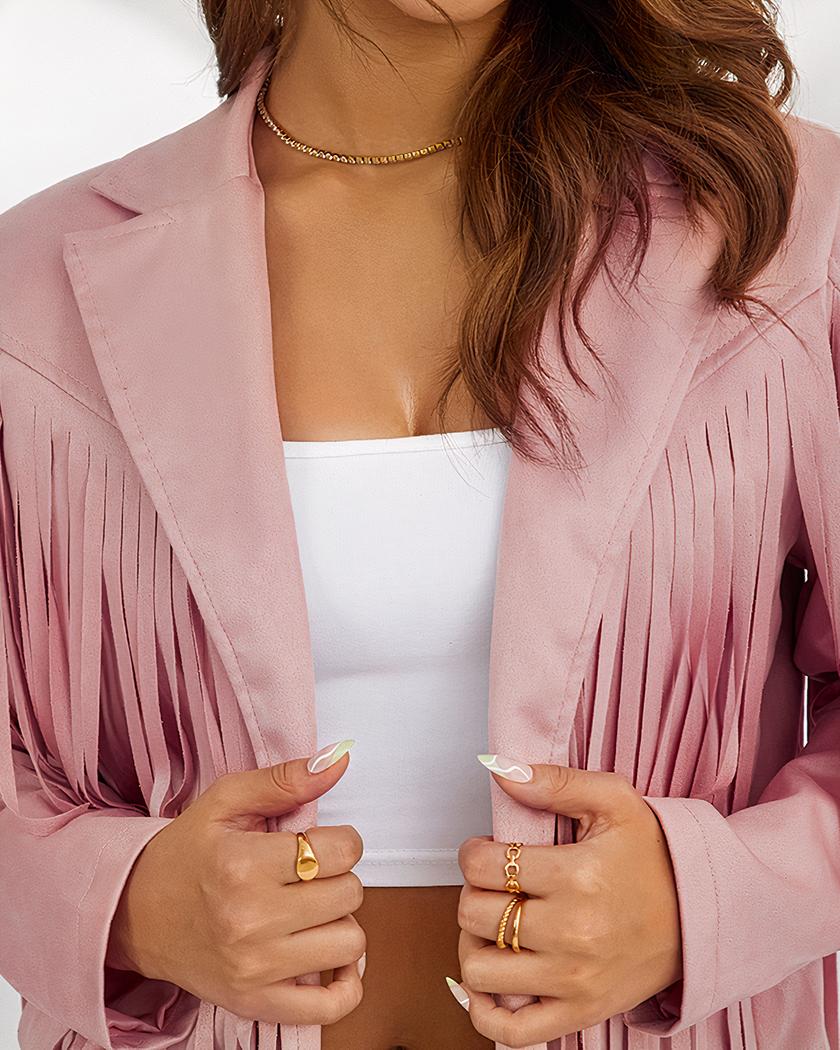 Blouson rose court à franges en coton pour femme – Image 4