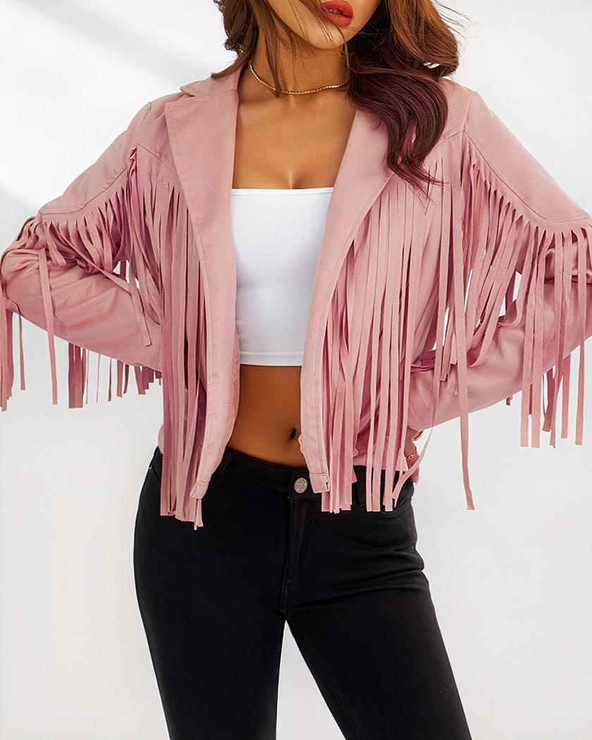 Blouson rose court à franges en coton pour femme – Image 5