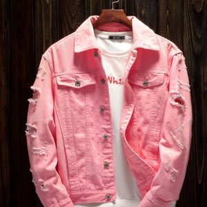 Blouson rose en jean avec trous et déchirures pour homme