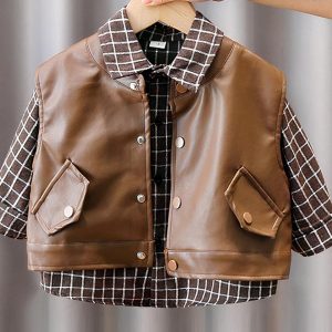 Blouson sans manches en similicuir avec veste à carreaux pour garçon