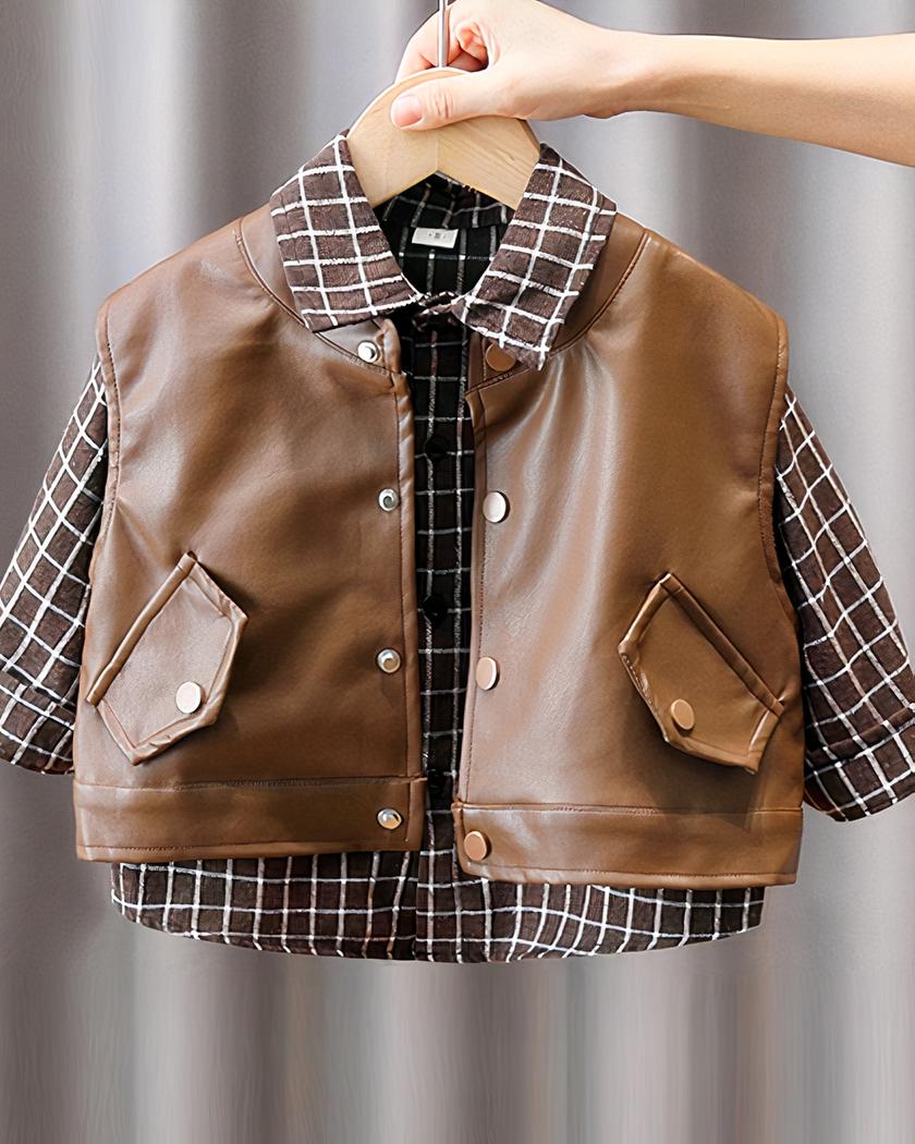 Blouson sans manches en similicuir avec veste à carreaux pour garçon