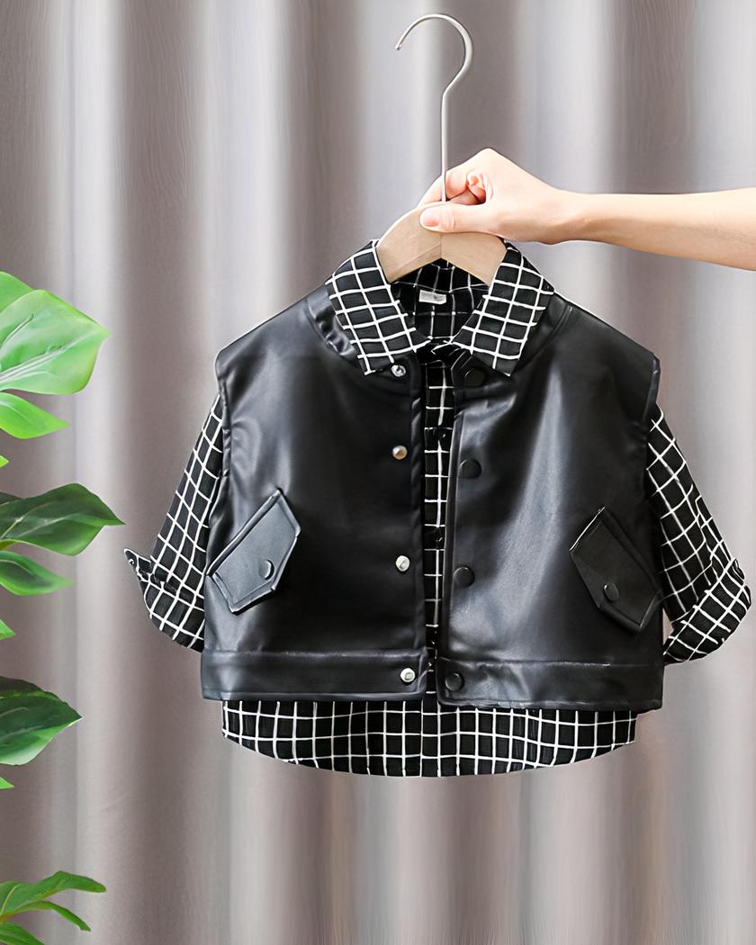 Blouson sans manches en similicuir avec veste à carreaux pour garçon – Image 3