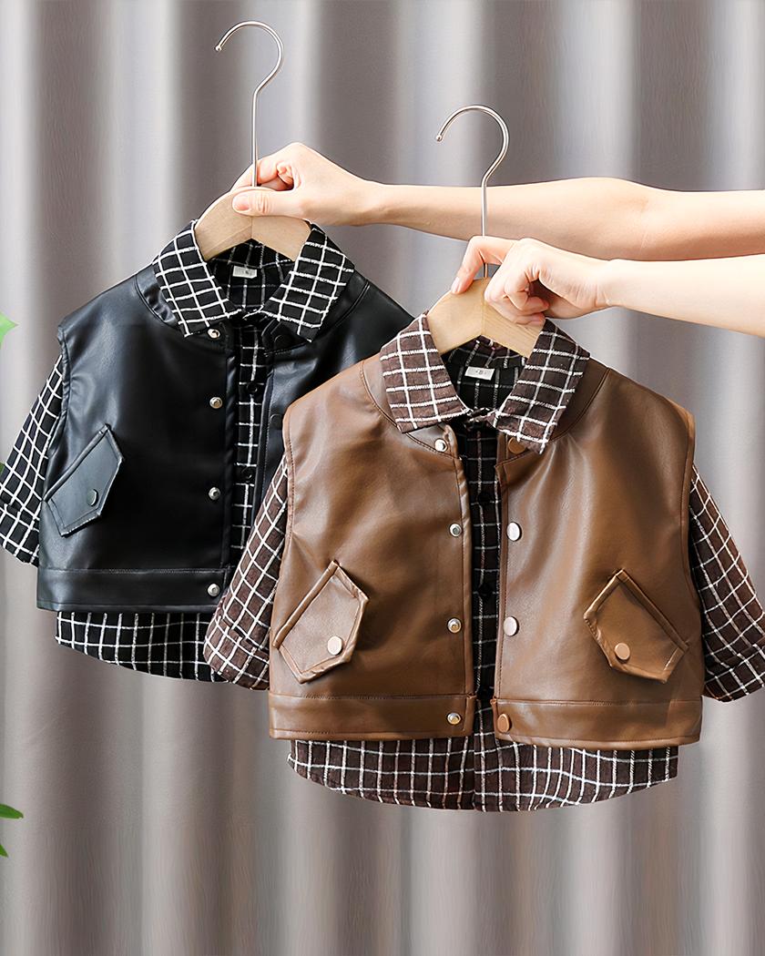 Blouson sans manches en similicuir avec veste à carreaux pour garçon – Image 4