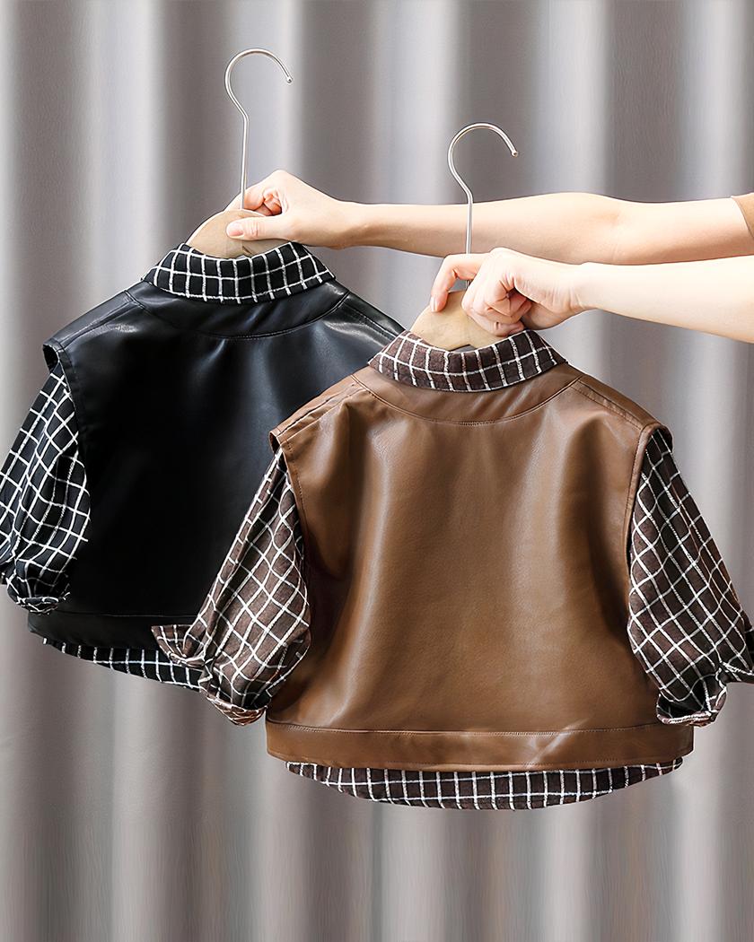 Blouson sans manches en similicuir avec veste à carreaux pour garçon – Image 5