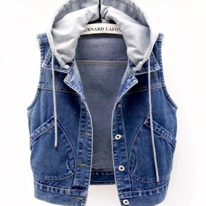 Blouson sans manche femme en jean avec capuche sweat