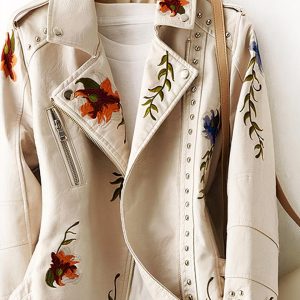 Blouson simili cuir femme avec motif floral brodé