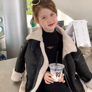 Blouson similicuir fille décontracté avec col à rabat