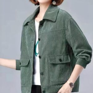 Blouson vert court et décontracté en velours côtelé pour femme