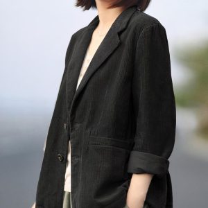 Blouson en velours côtelé mi-long à boutons simples