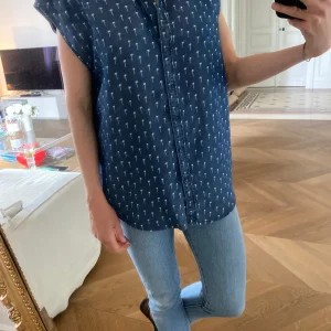 Chemisier Monoprix en jean bleu avec palmiers