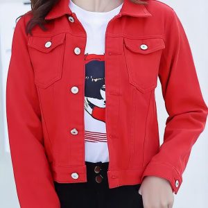 Blouson en jean rouge court et élégant pour femme