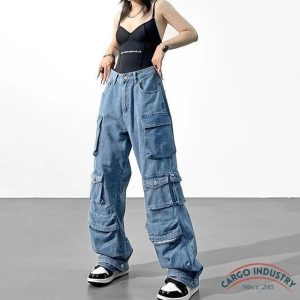 Jean Cargo Femme Multipoches Délavé