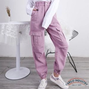 Pantalon Cargo Femme Rose Pâle Taille Haute