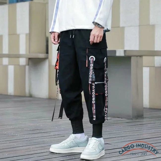 Pantalon Cargo Noir Détails Oranges – Image 4