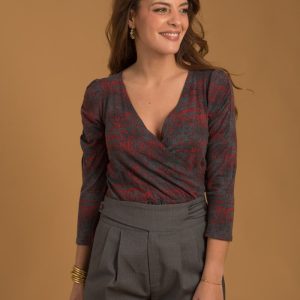 Anaïs – Top gris imprimé rouge femme Made-in-France