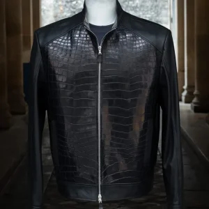 Veste City en cuir de crocodile noir & agneau plongé