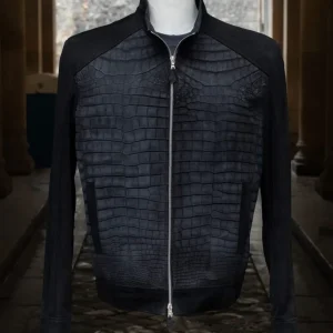 Veste City en cuir de crocodile nubucké noir pétrole & chèvre velours noire